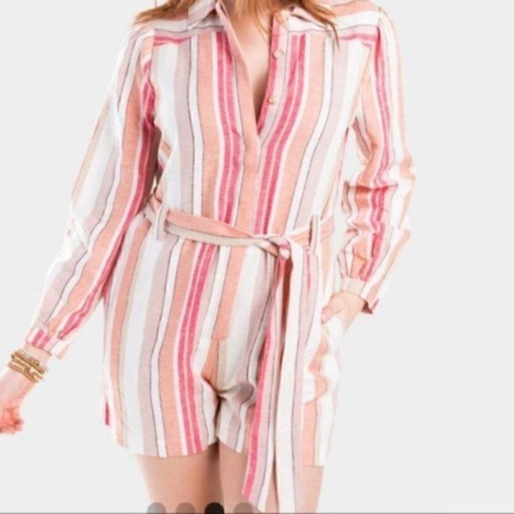 Francesca’s Coco & Jaimeson Brand Rosy Stripe Belted Linen Romper Cream Pink M